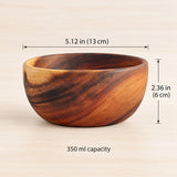 Acacia bowl, 5.12 in (13 cm) diameter, 2.36 in (6 cm) high, 350 ml capacity.