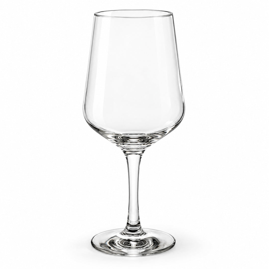 A clear stemmed wine glass with a tapered bowl, shown on a plain white background.