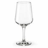 A clear stemmed wine glass with a tapered bowl, shown on a plain white background.