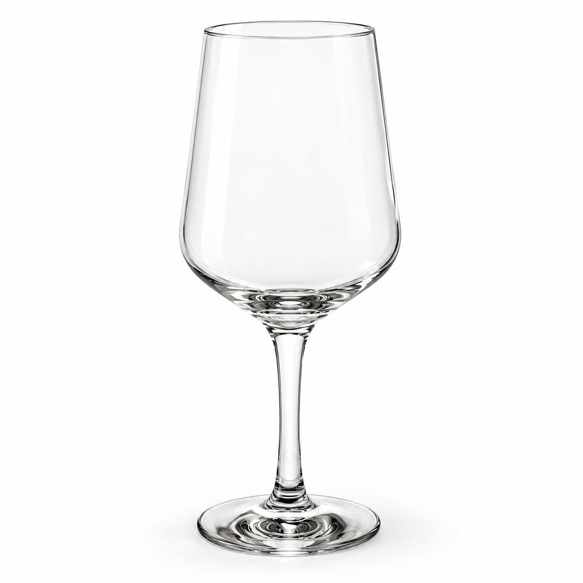 A clear stemmed wine glass with a tapered bowl, shown on a plain white background.