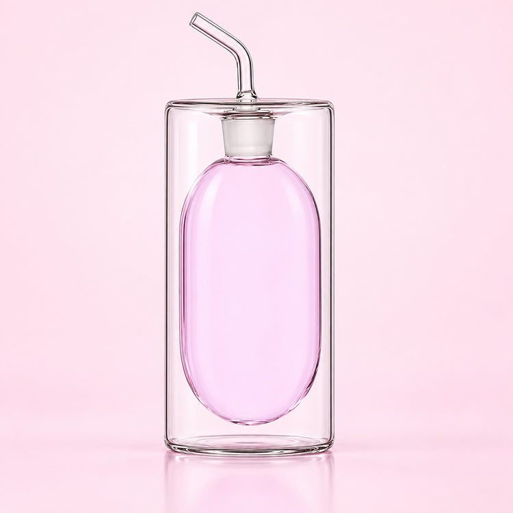 A clear glass double-walled bottle with an oval-shaped pink interior and a curved glass straw, set against a solid light pink background.