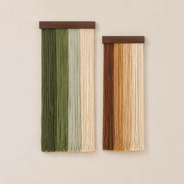 Two vertical macrame wall hangings with wooden tops, displayed against a warm beige wall. The larger hanging on the left features vertical strands in olive green, pale sage green, and cream.