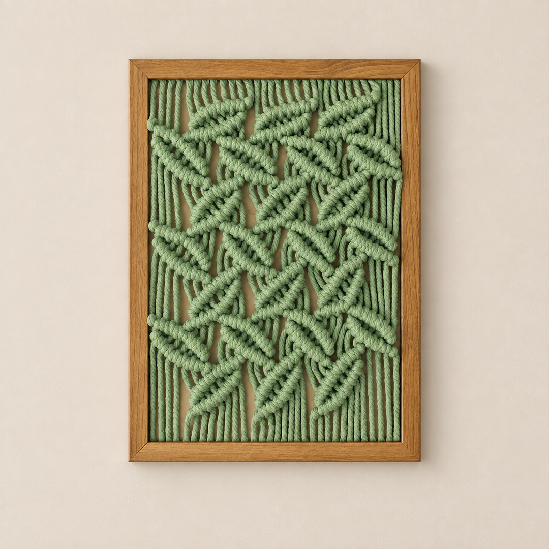 A framed abstract wall art piece featuring textured, raised green woven or knotted lines in a geometric leaf-like pattern, set in a light natural wood frame against a warm beige wall.