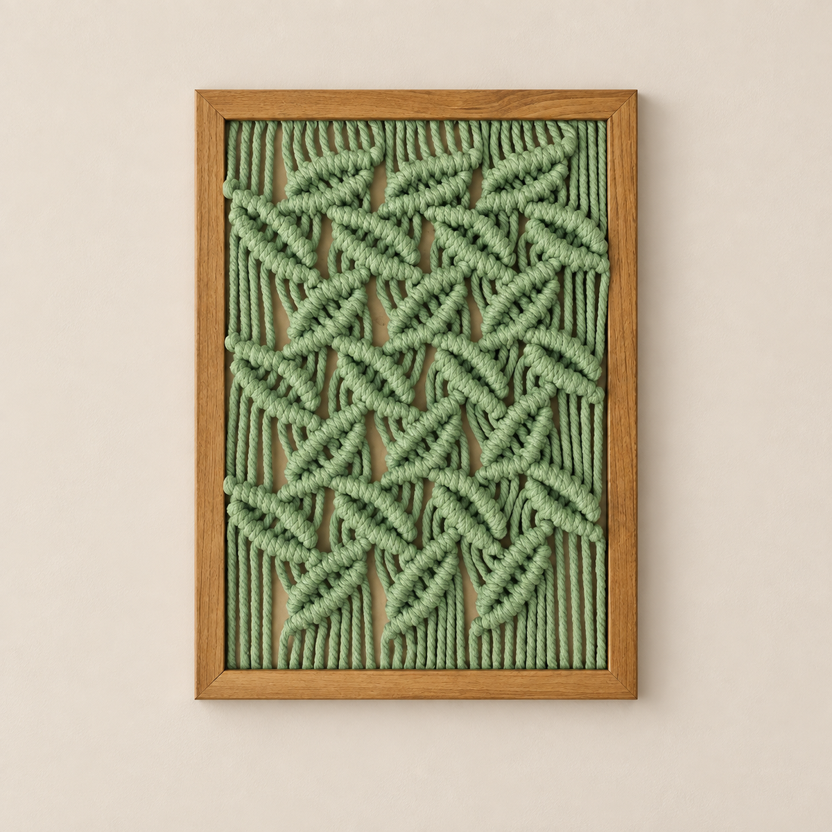 A framed abstract wall art piece featuring textured, raised green woven or knotted lines in a geometric leaf-like pattern, set in a light natural wood frame against a warm beige wall.