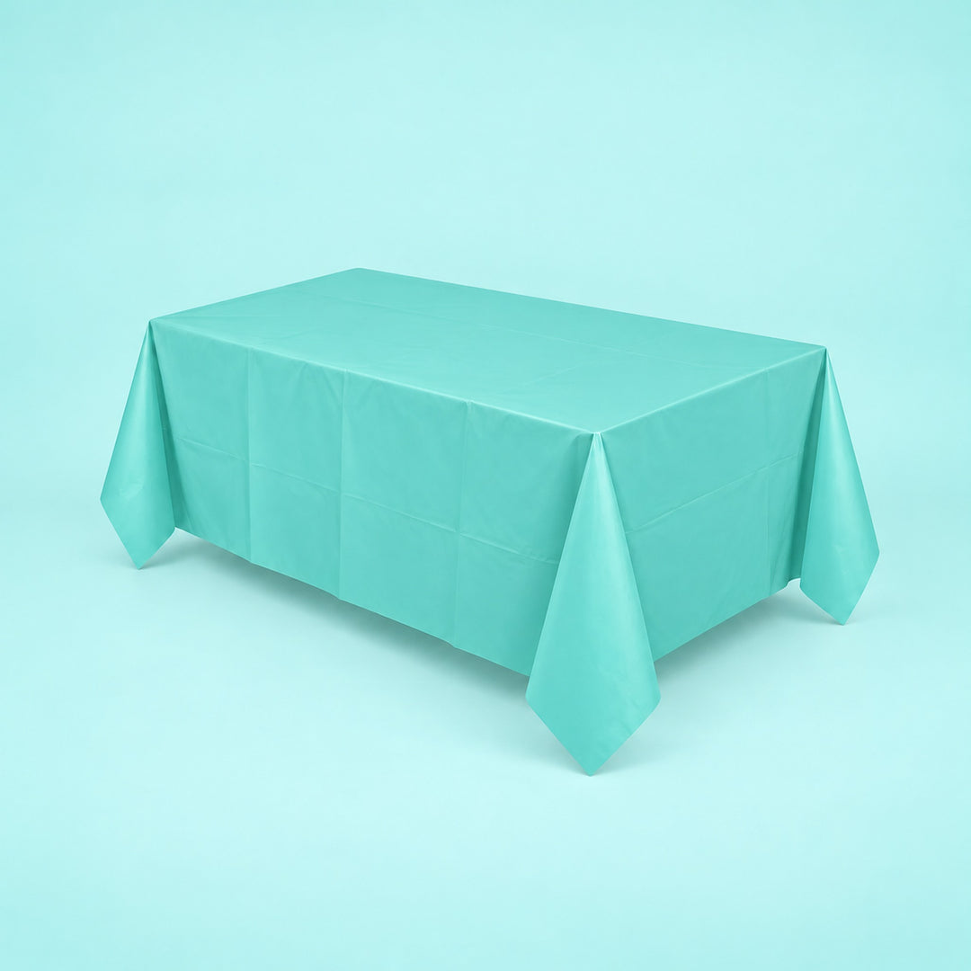 turquoise disposable plastic table cover style.