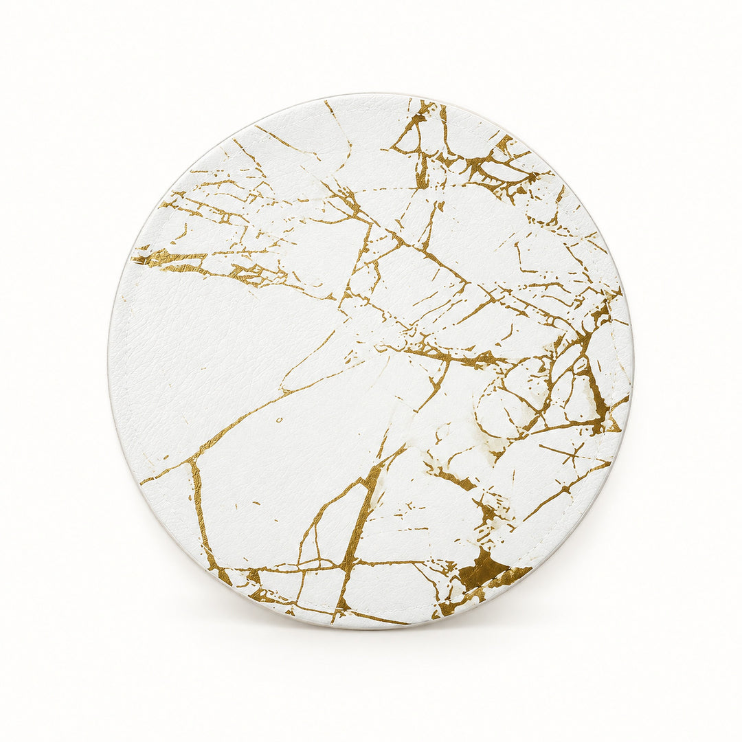 A round coaster with a white marble pattern and metallic gold veining, shown from a top-down view on a white background.