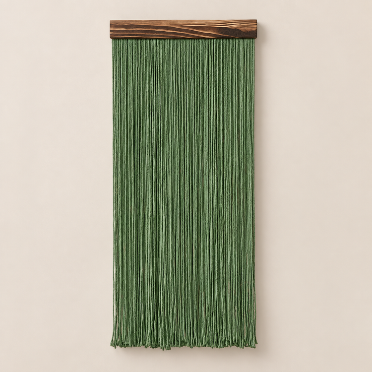 Forest green straight fringe panel hanging from a dark wood batten on cream