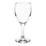 A clear stemmed wine glass with a wide bowl, photographed against a plain white background.