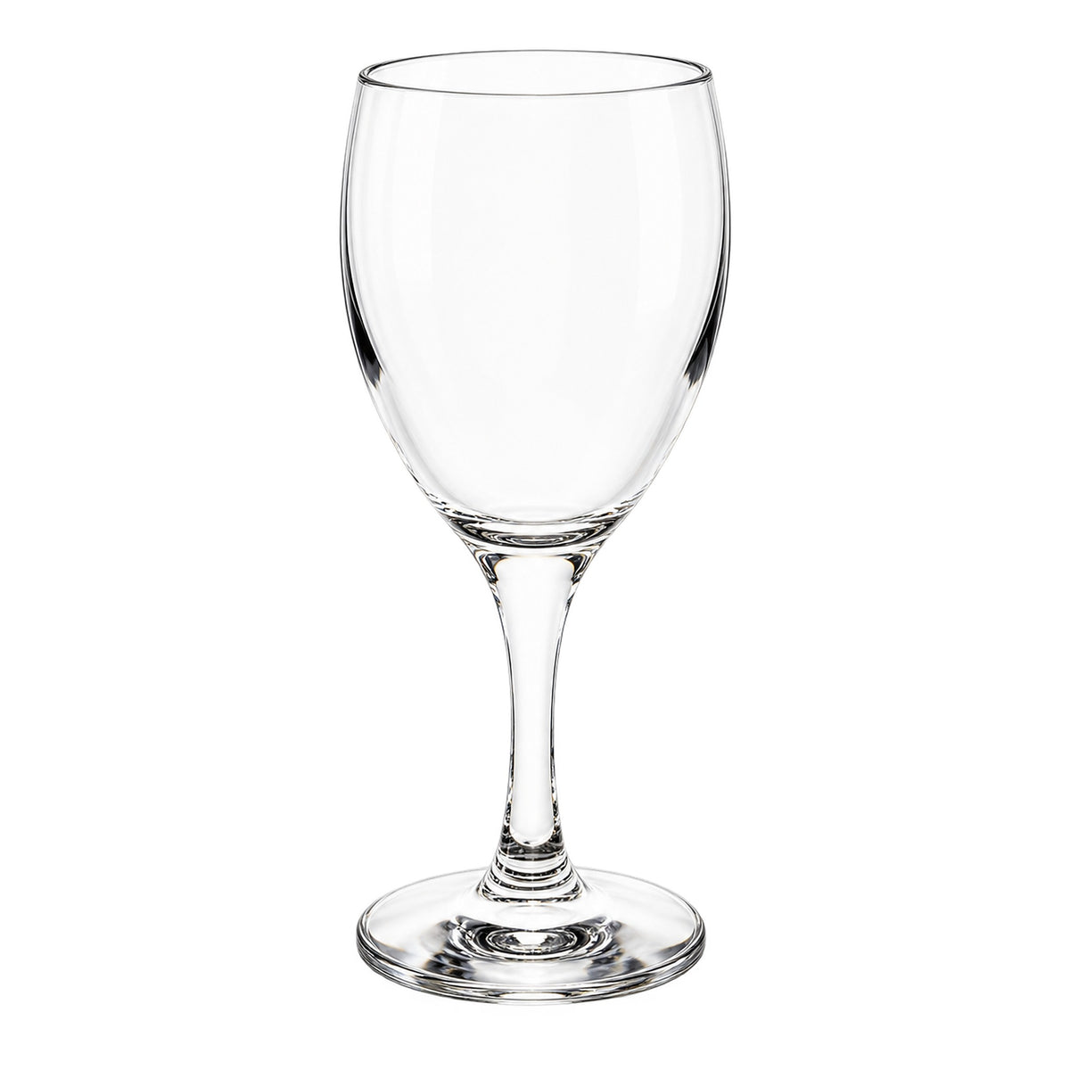 A clear stemmed wine glass with a wide bowl, photographed against a plain white background.