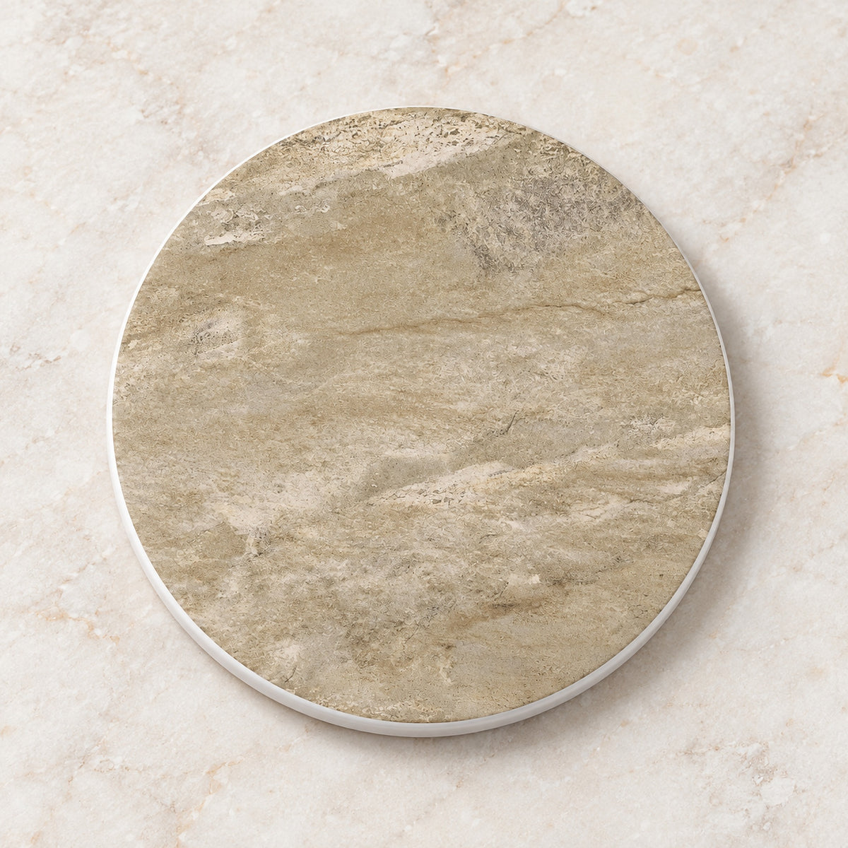 One beige stone print printed ceramic coaster on a light studio background.