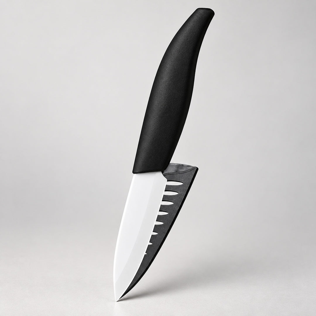 A kitchen knife with a matte black handle and a silver blade featuring a black serrated edge, shown against a neutral light gray background.