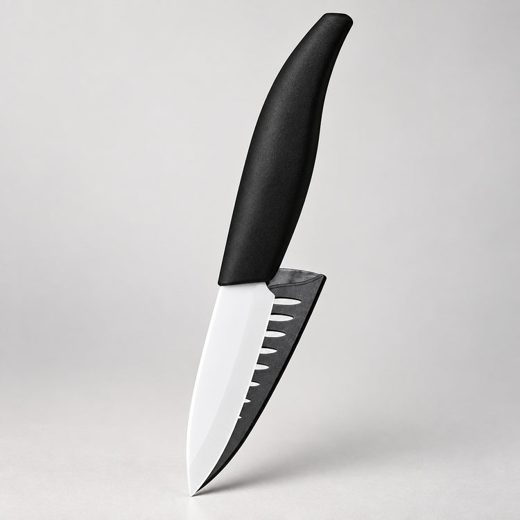 A kitchen knife with a matte black handle and a silver blade featuring a black serrated edge, shown against a neutral light gray background.