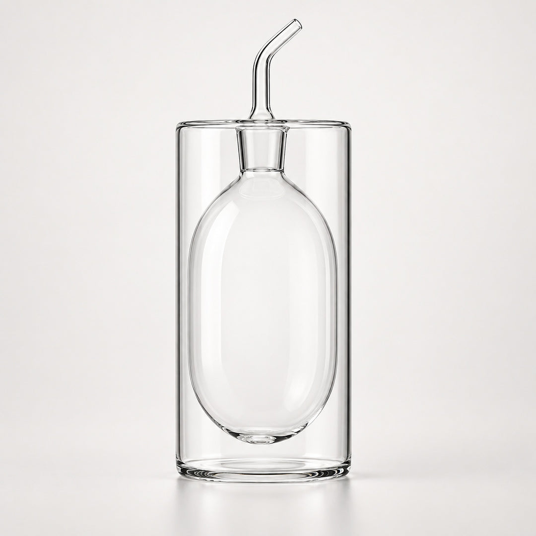 Clear glass double-walled tumbler with an integrated oval-shaped glass insert and a small angled glass pour spout on top, shown on a light gray studio background.