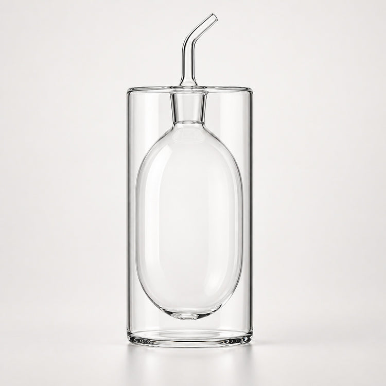 Clear glass double-walled tumbler with an integrated oval-shaped glass insert and a small angled glass pour spout on top, shown on a light gray studio background.