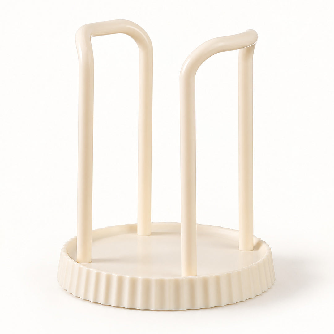 An off-white plastic cup holder or organizer with two upright curved legs on a round fluted base, shown on a clean white background.