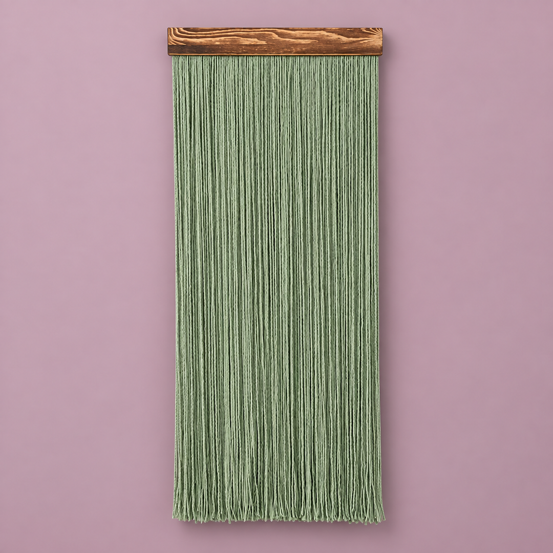 A vertical sage green macrame wall hanging with a natural wood dowel, displayed against a solid dusty pink background.
