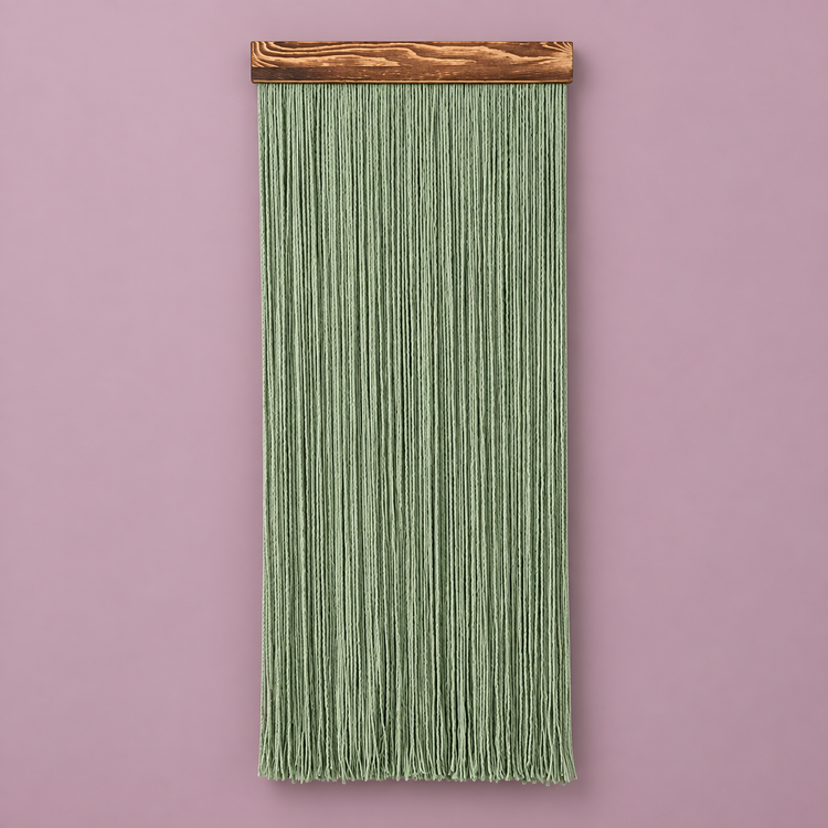 Sage straight fringe panel hanging from a dark batten on a dusty pink wall