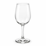 A clear glass wine glass with a wide bowl, a slender stem, and a flat circular base, photographed on a plain white background.