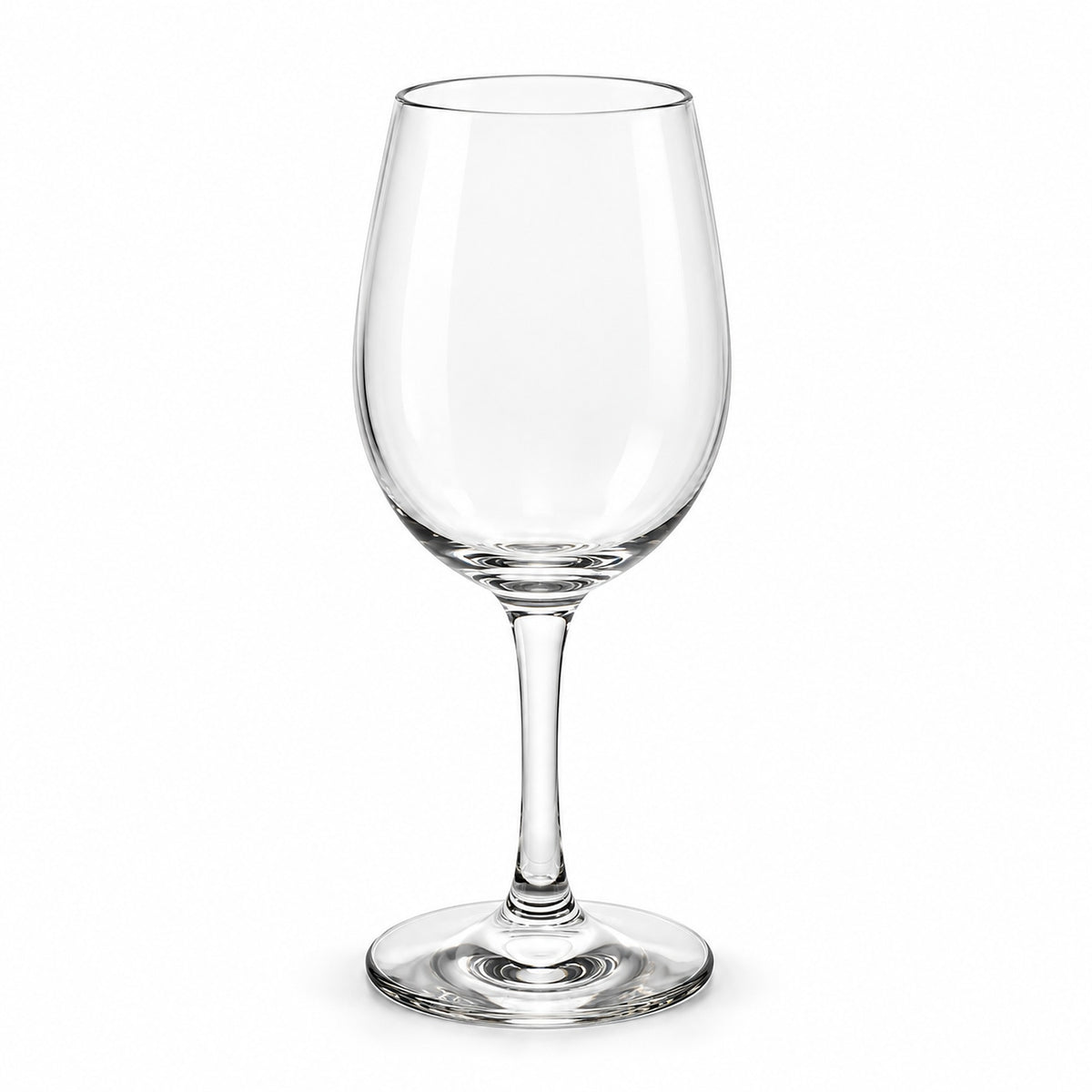 A clear glass wine glass with a wide bowl, a slender stem, and a flat circular base, photographed on a plain white background.
