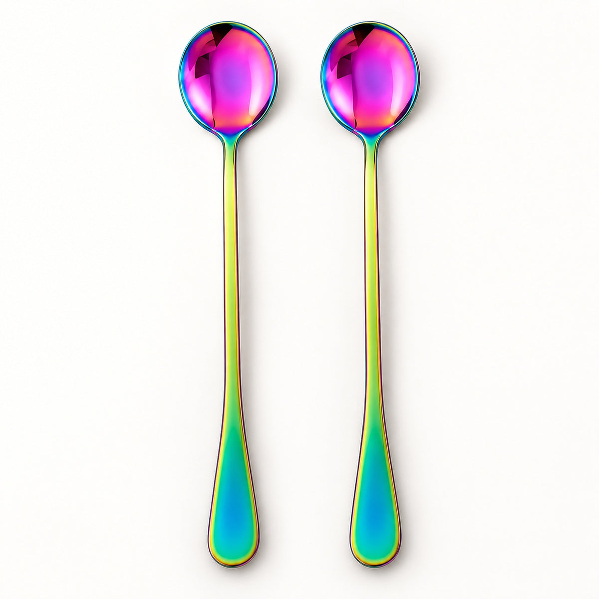 Two long spoons with iridescent rainbow-finish handles and oval bowls, shown upright on a plain white background.