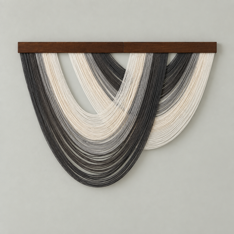 D-04 charcoal banded, 5 swag shapes across 16 colorways, fine twisted cord, pale wooden beads on the B series