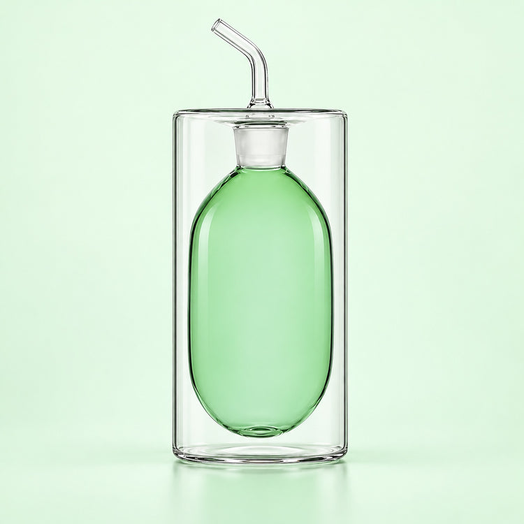 A clear glass double-walled tumbler with a green glass bottle insert and a clear glass angled straw, set against a solid pale green background.