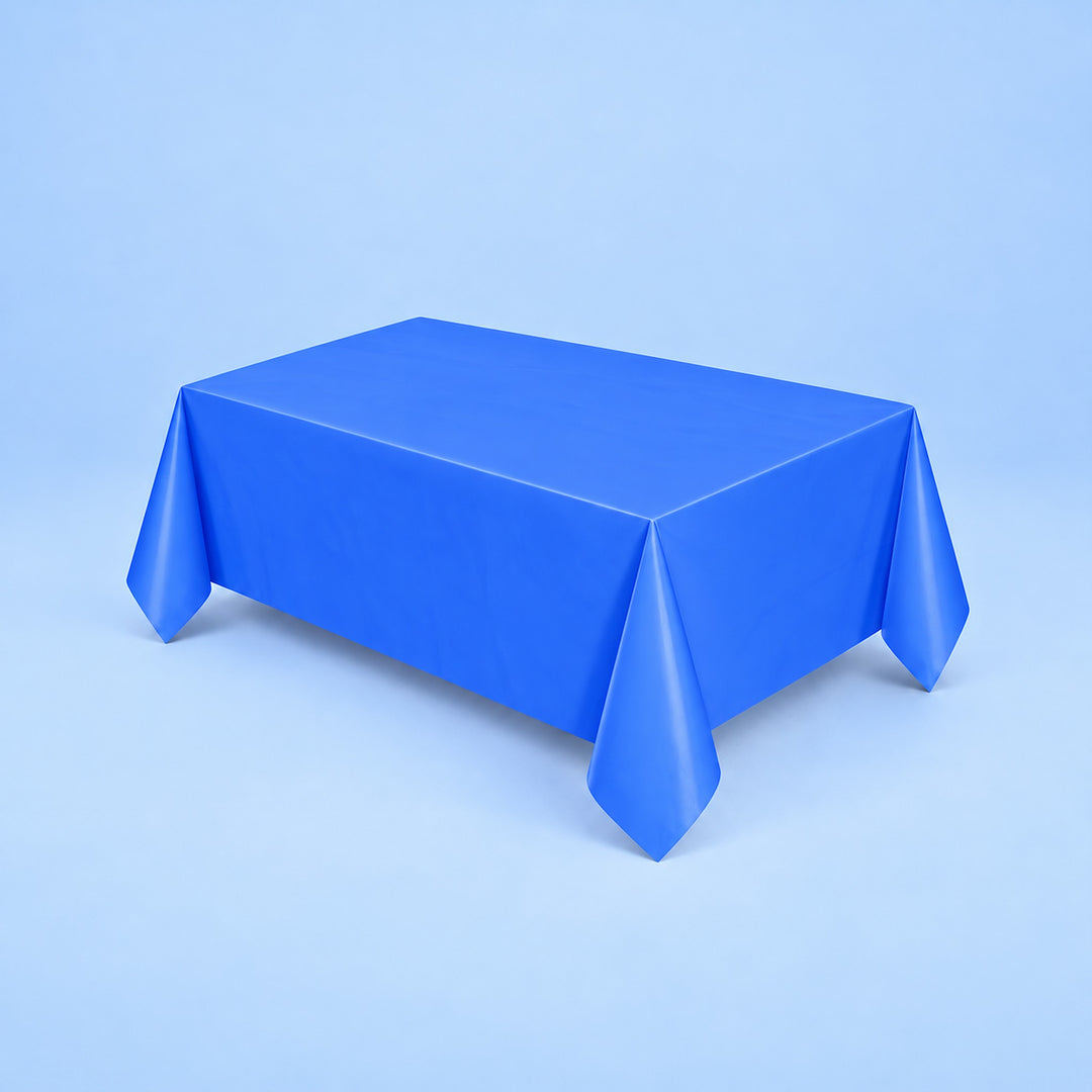 royal blue disposable plastic table cover style.
