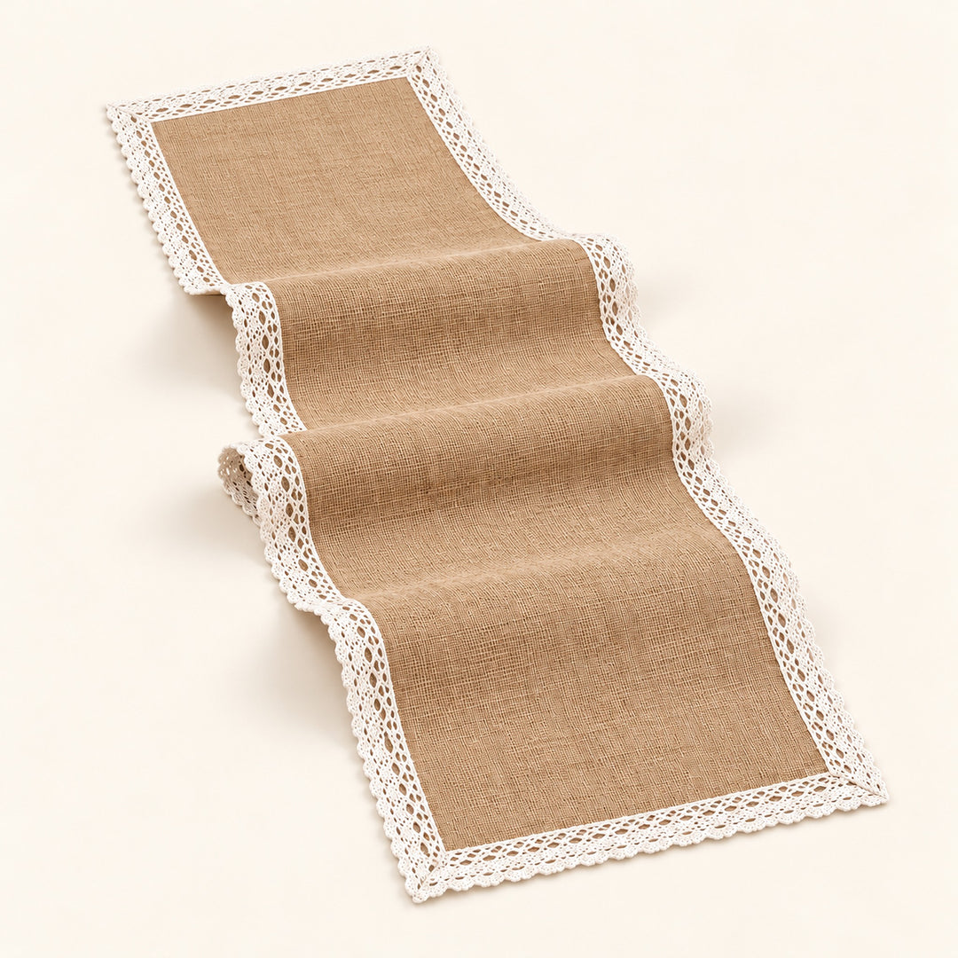 One tan runner with white lace border trim, selected length.