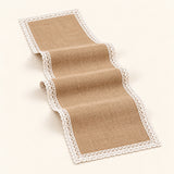 One tan runner with white lace border trim, selected length.