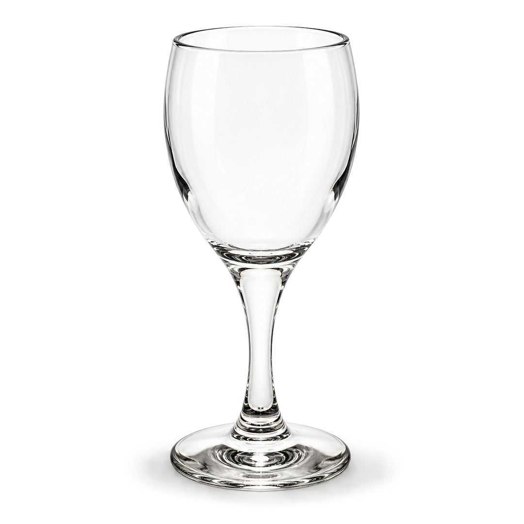 A clear stemmed wine glass with a wide bowl, photographed on a clean white background.