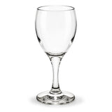A clear stemmed wine glass with a wide bowl, photographed on a clean white background.