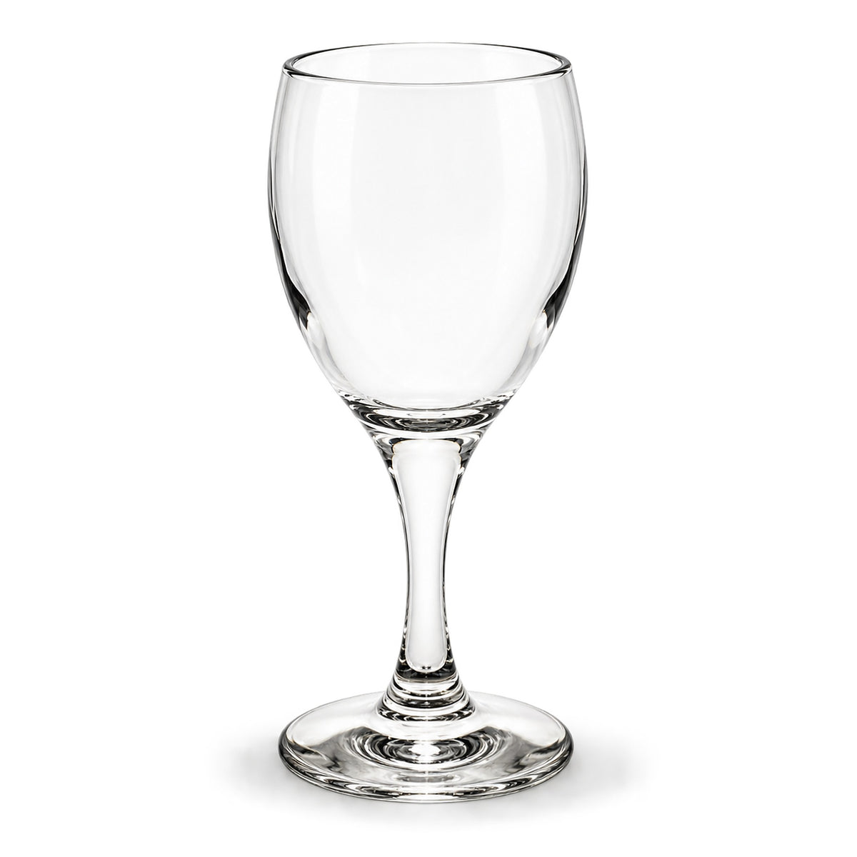 A clear stemmed wine glass with a wide bowl, photographed on a clean white background.