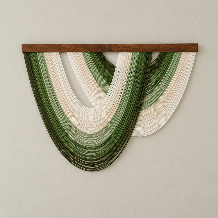 D-03 green banded, 5 swag shapes across 16 colorways, fine twisted cord, pale wooden beads on the B series