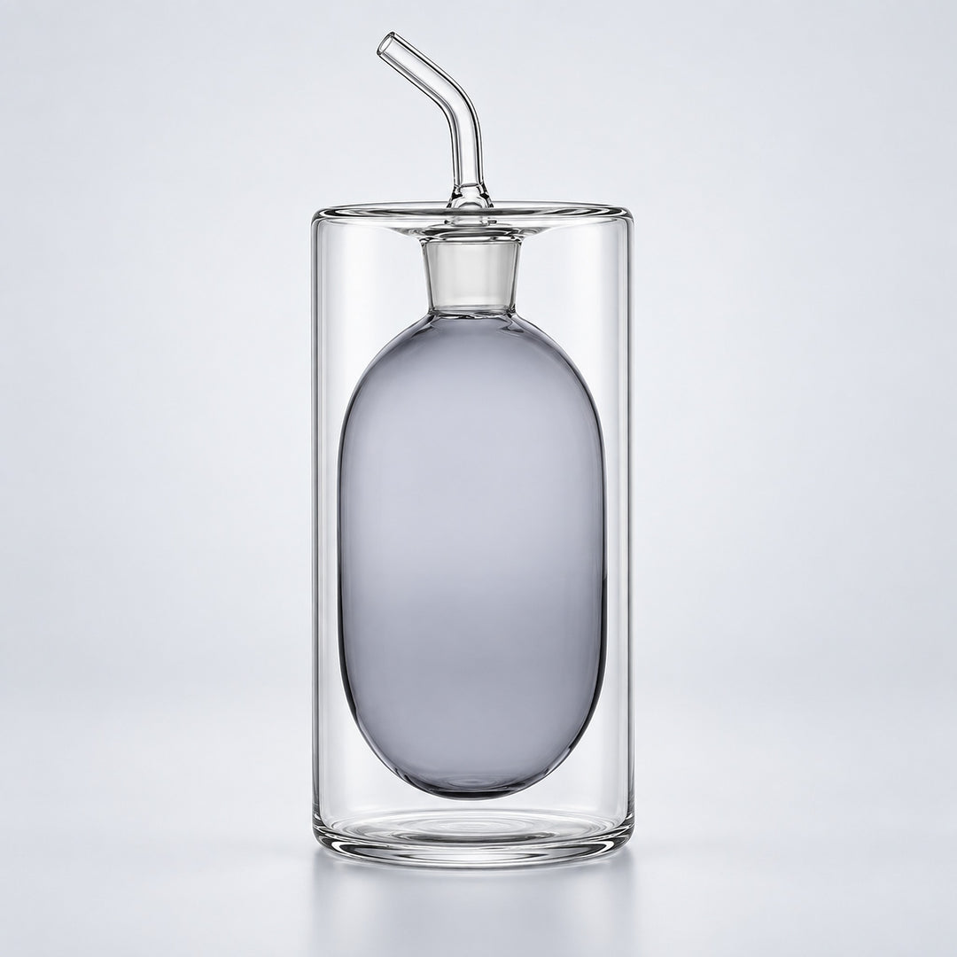 A clear glass double-walled bottle with a frosted oval center and a curved glass straw on a light gray background.