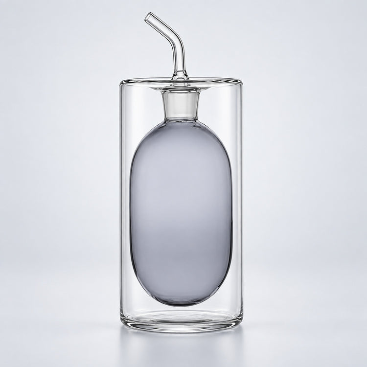 A clear glass double-walled bottle with a frosted oval center and a curved glass straw on a light gray background.