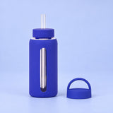 Sapphire Blue 800 ml glass bottle with silicone sleeve, wide straw and spare loop lid.