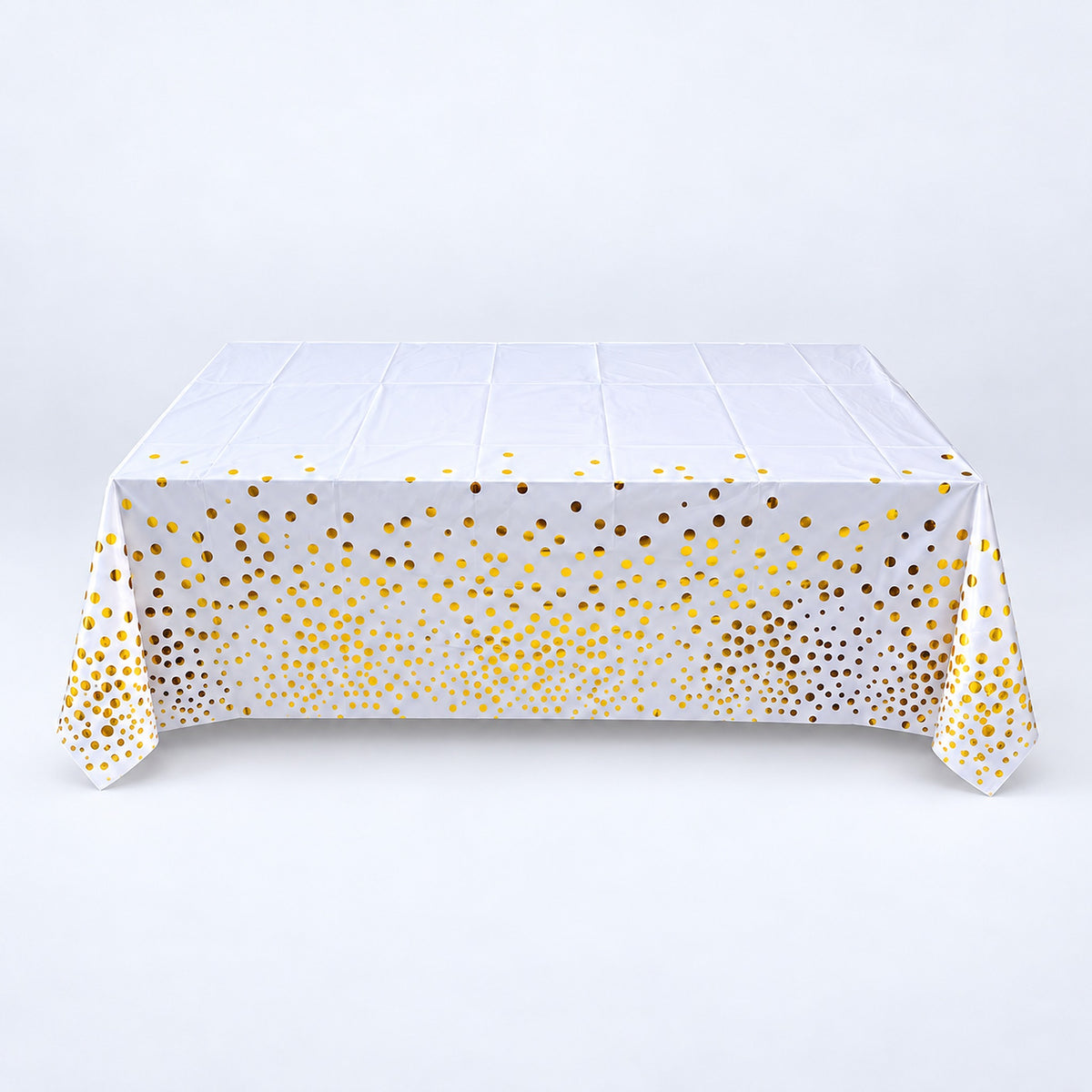 white with gold dots disposable plastic table cover style.