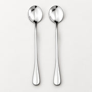 Two polished stainless steel spoons with long handles, shown side by side on a clean, light gray background.