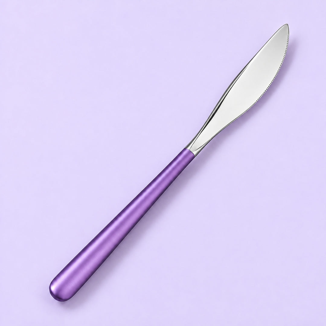 One purple and silver dinner knife on a soft studio background.