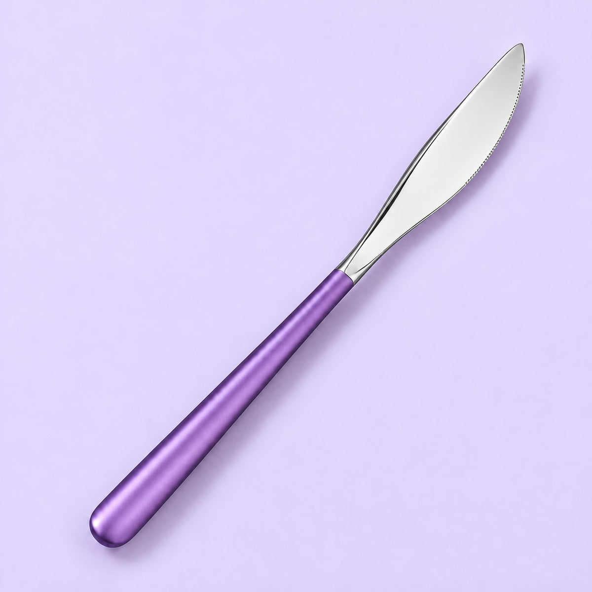 One purple and silver dinner knife on a soft studio background.
