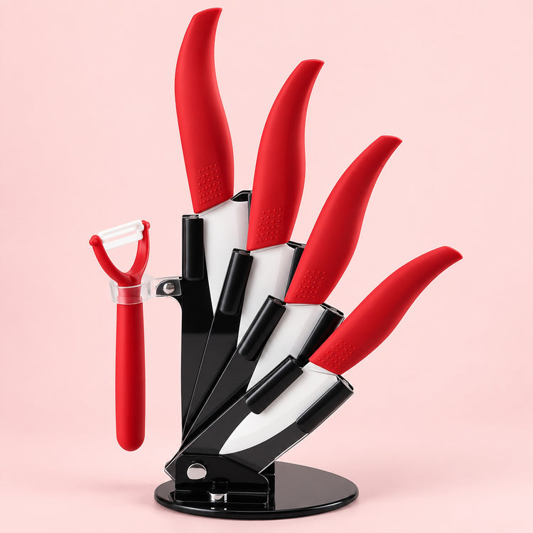 A 5-piece kitchen knife set with bright red handles and white blades, displayed in a black magnetic stand on a light pink background. A matching red peeler is shown to the left of the stand.