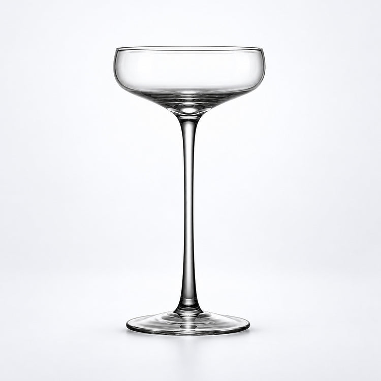 Empty 190 ml tall-stem coupe glass.