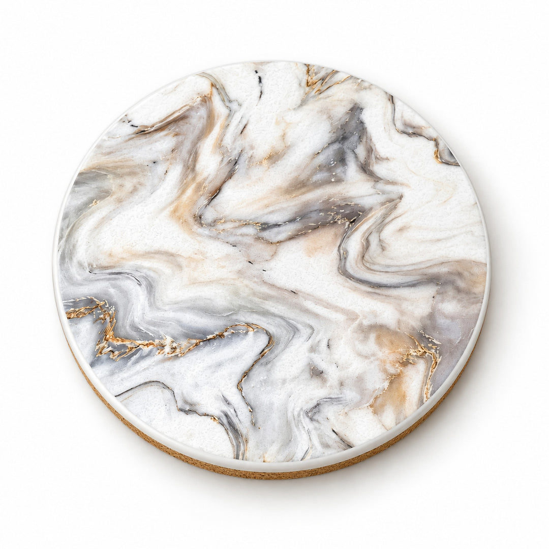 One white and beige marble swirls printed ceramic coaster on a light studio background.