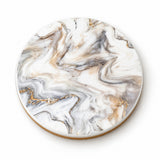 One white and beige marble swirls printed ceramic coaster on a light studio background.