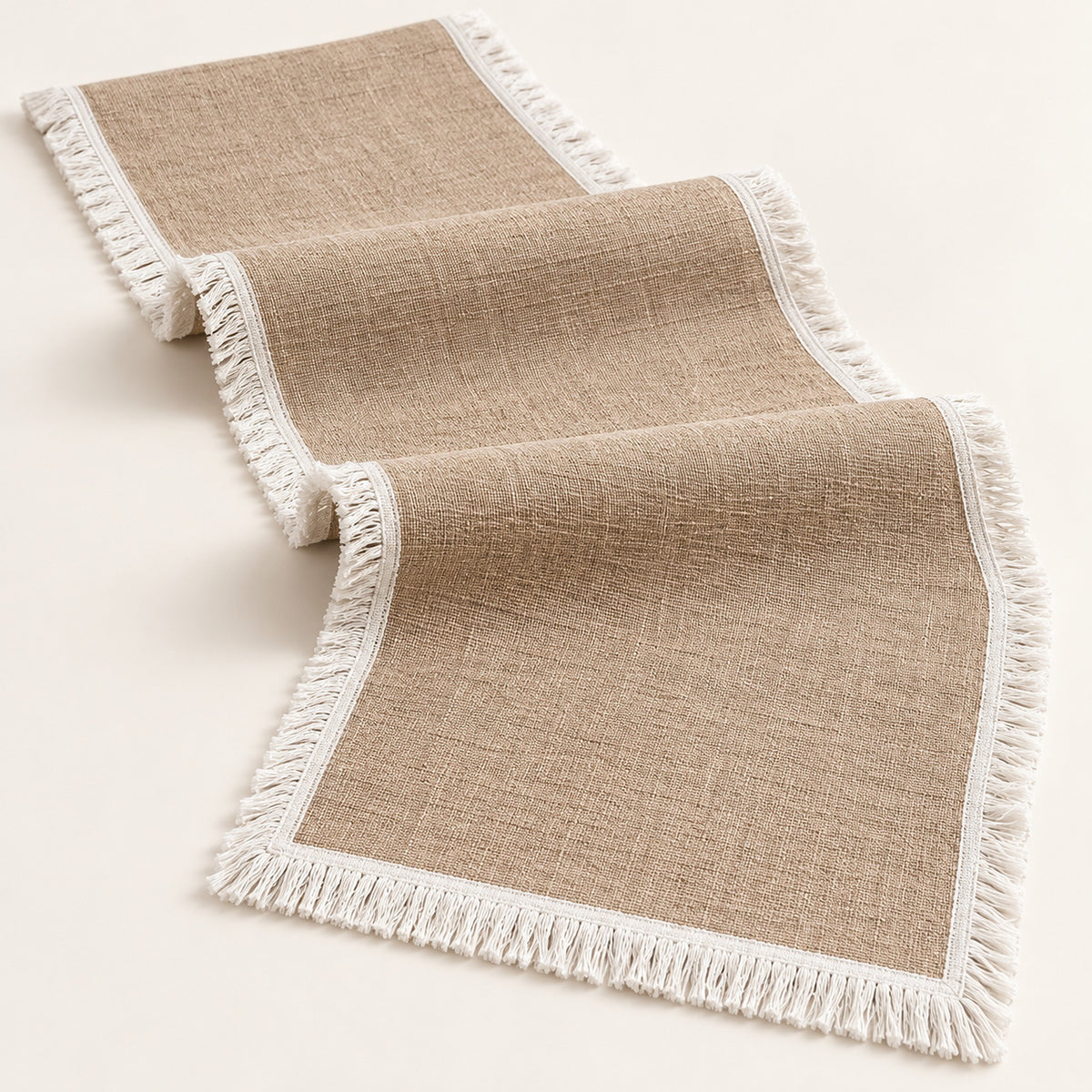 One tan runner with white fringe trim, selected length.