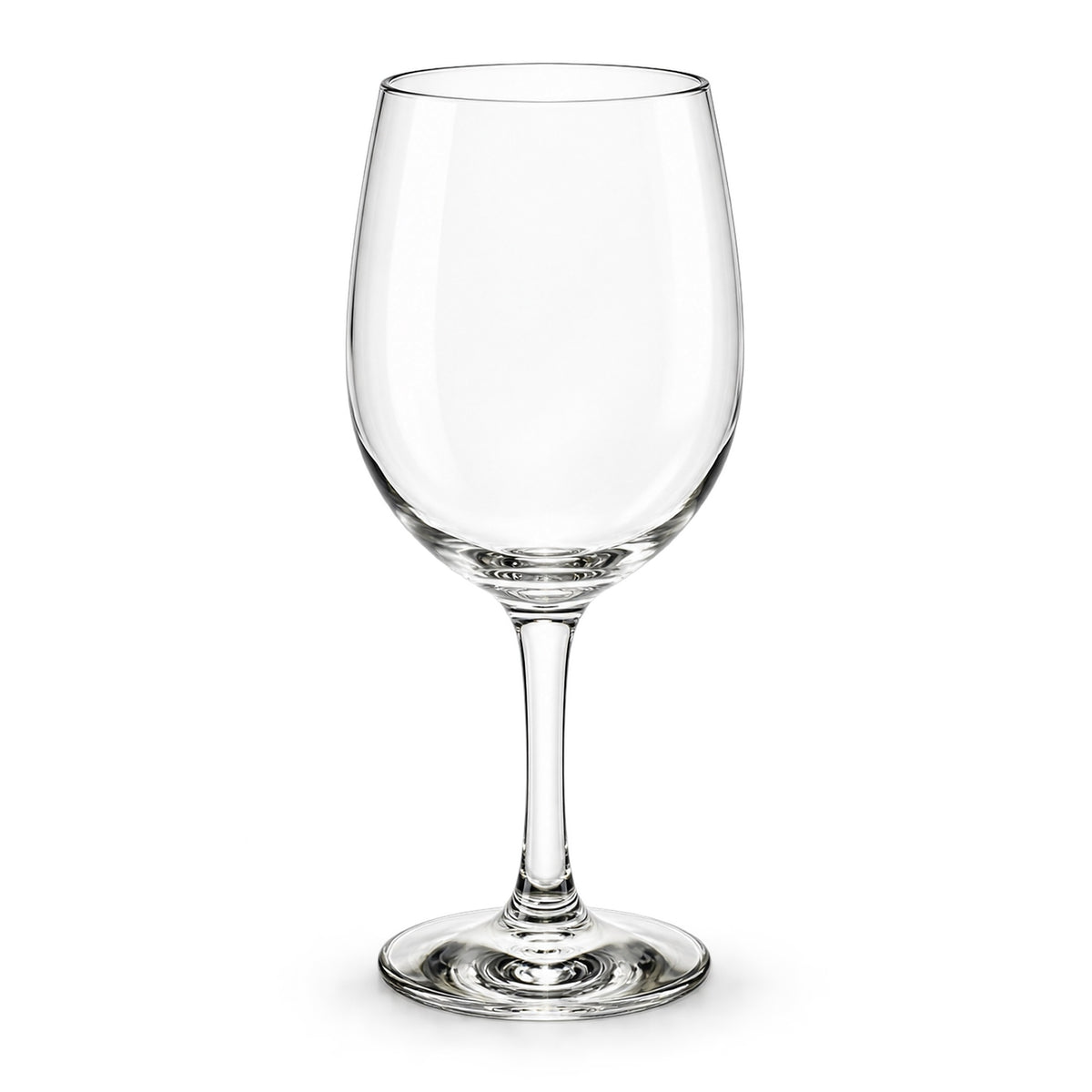 A clear stemmed wine glass with a wide bowl, photographed on a clean white background.