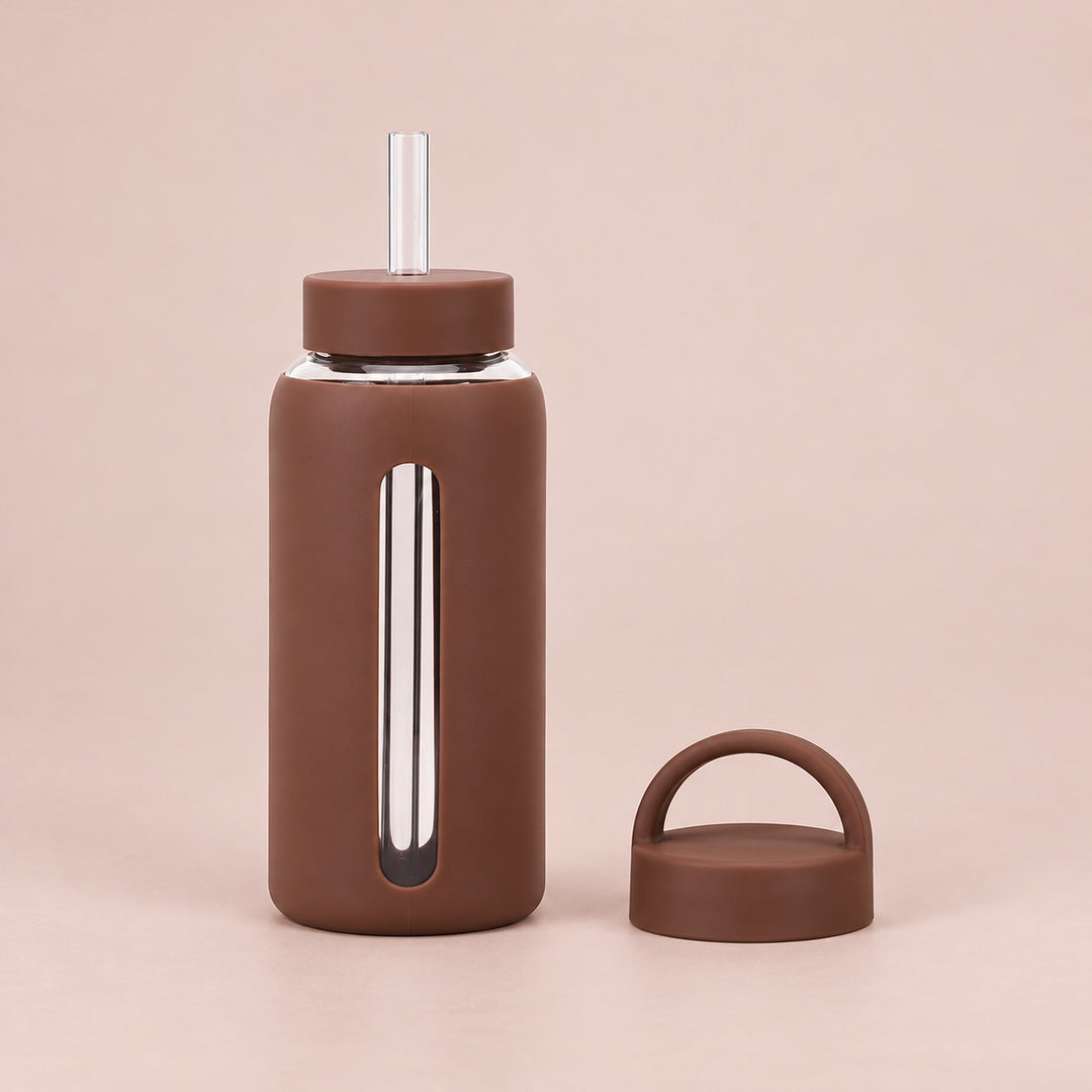 Dark Coffee Brown 800 ml glass bottle with silicone sleeve, wide straw and spare loop lid.
