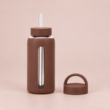 Dark Coffee Brown 800 ml glass bottle with silicone sleeve, wide straw and spare loop lid.