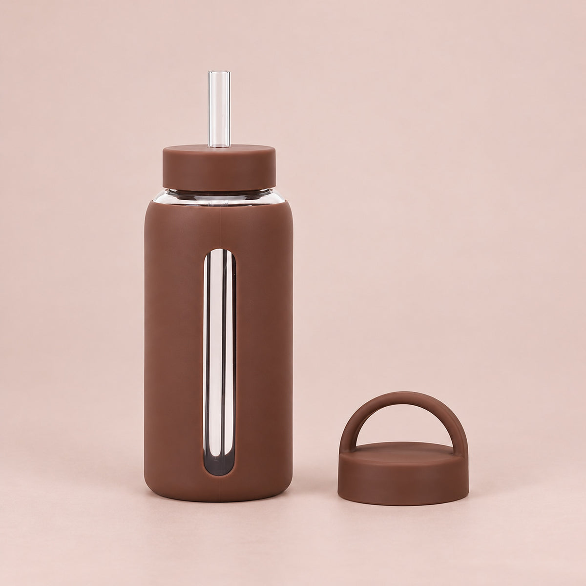 Dark Coffee Brown 800 ml glass bottle with silicone sleeve, wide straw and spare loop lid.