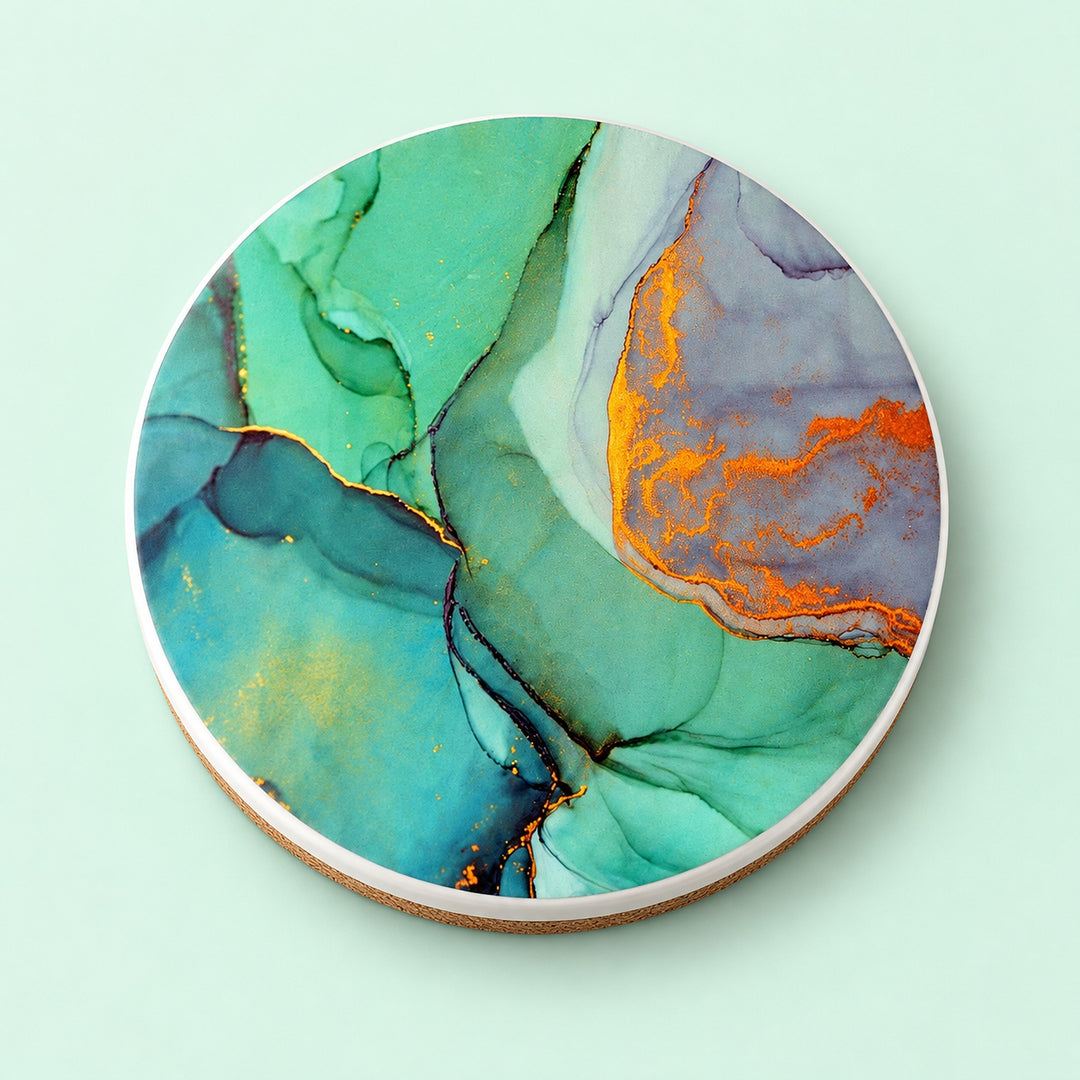 One mint green and gray gold veins printed ceramic coaster on a light studio background.